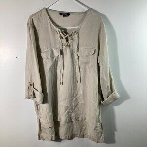 Womens Company Ellen Tracy‎ Linen Tunic Tie V Neck Pullover Roll Sleeve L Tan